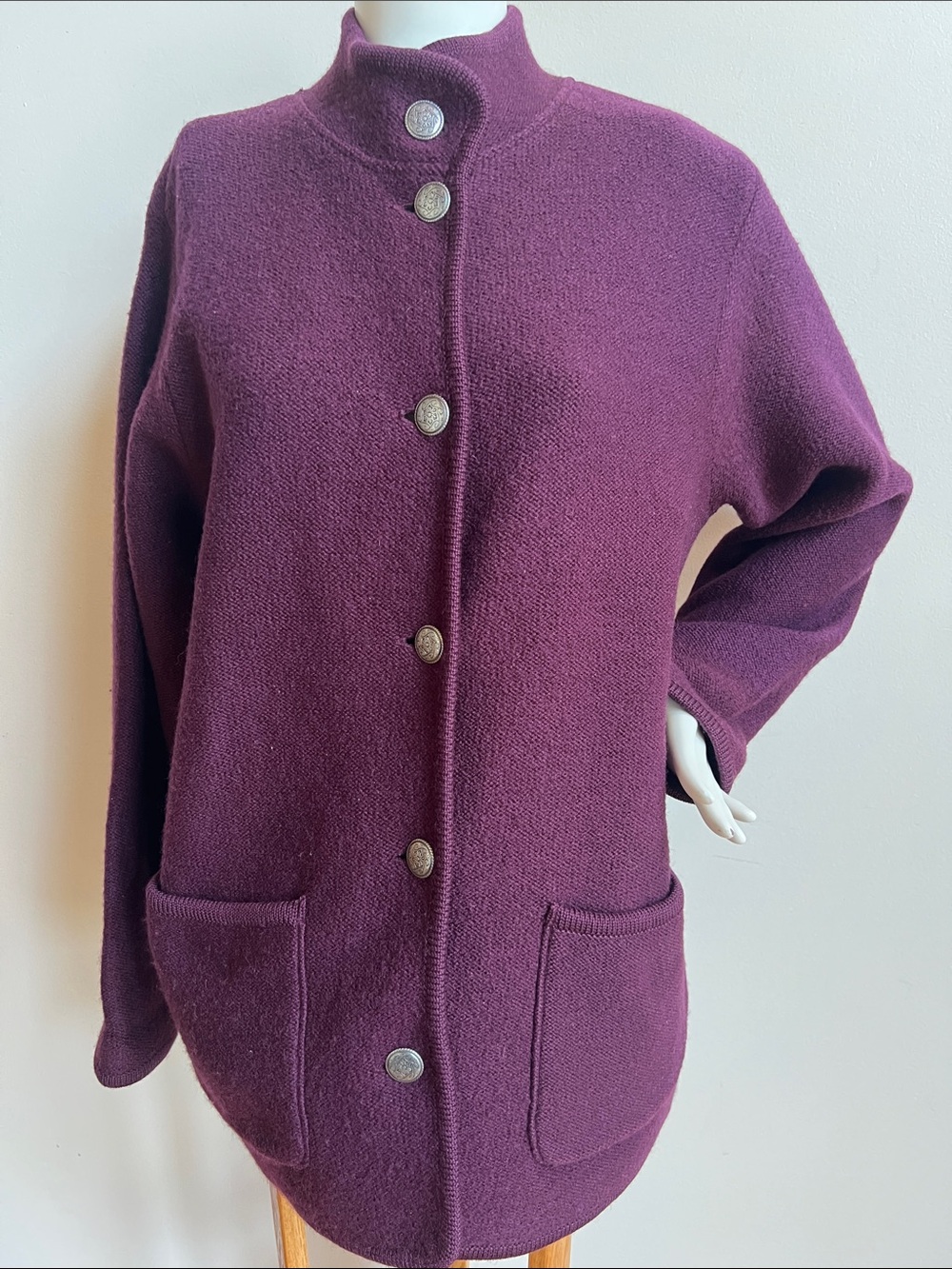 L.L. Bean Plum Button-Front Wool pea coat thick sweater jacket decorative button
